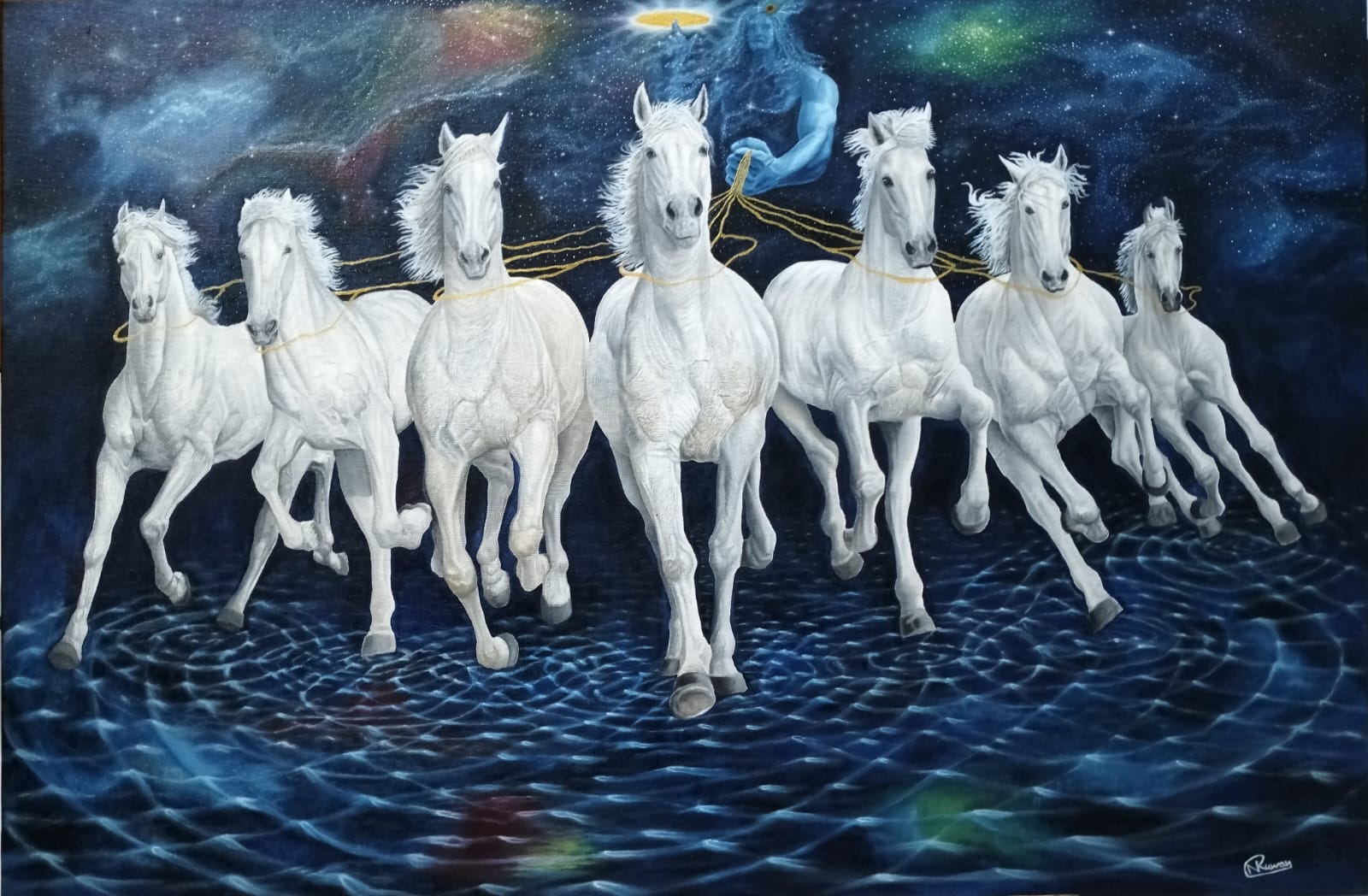 Original hand-painted oil painting Satya showing Lord Krishna guiding seven white horses representing human emotions on a 24x36 canvas.