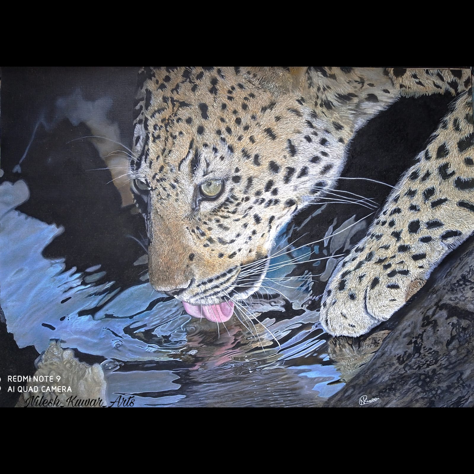Handmade realistic leopard oil painting drinking water with detailed reflections and luxury wildlife artwork on canvas